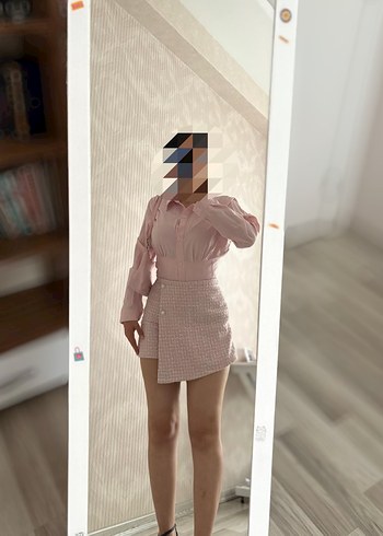 Düğmeli Pembe Mini Etek - Görsel 2