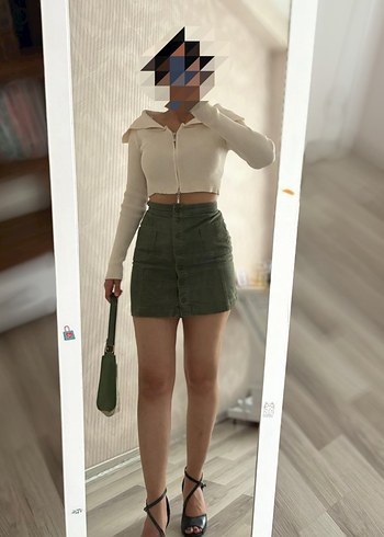 Düğmeli Koyu Haki Denim Mini Etek - Görsel 2