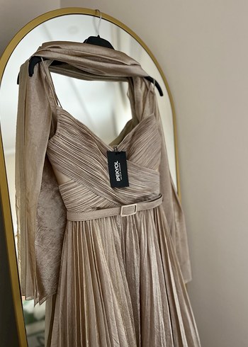 Bej Drapeli Uzun Abiye Elbise - Görsel 2