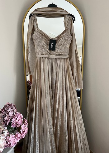 Bej Drapeli Uzun Abiye Elbise - Görsel 3