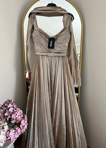 Bej Drapeli Uzun Abiye Elbise - Görsel 4