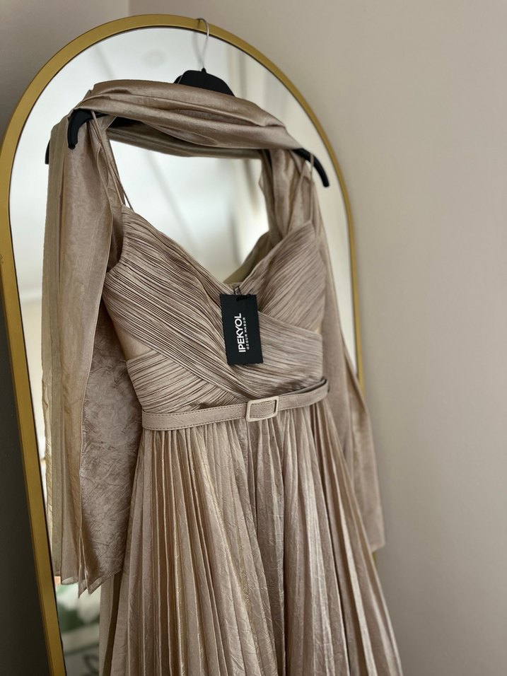 Bej Drapeli Uzun Abiye Elbise - Görsel 2