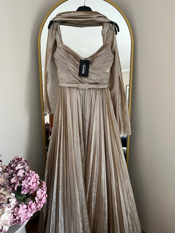 Bej Drapeli Uzun Abiye Elbise - Görsel 3