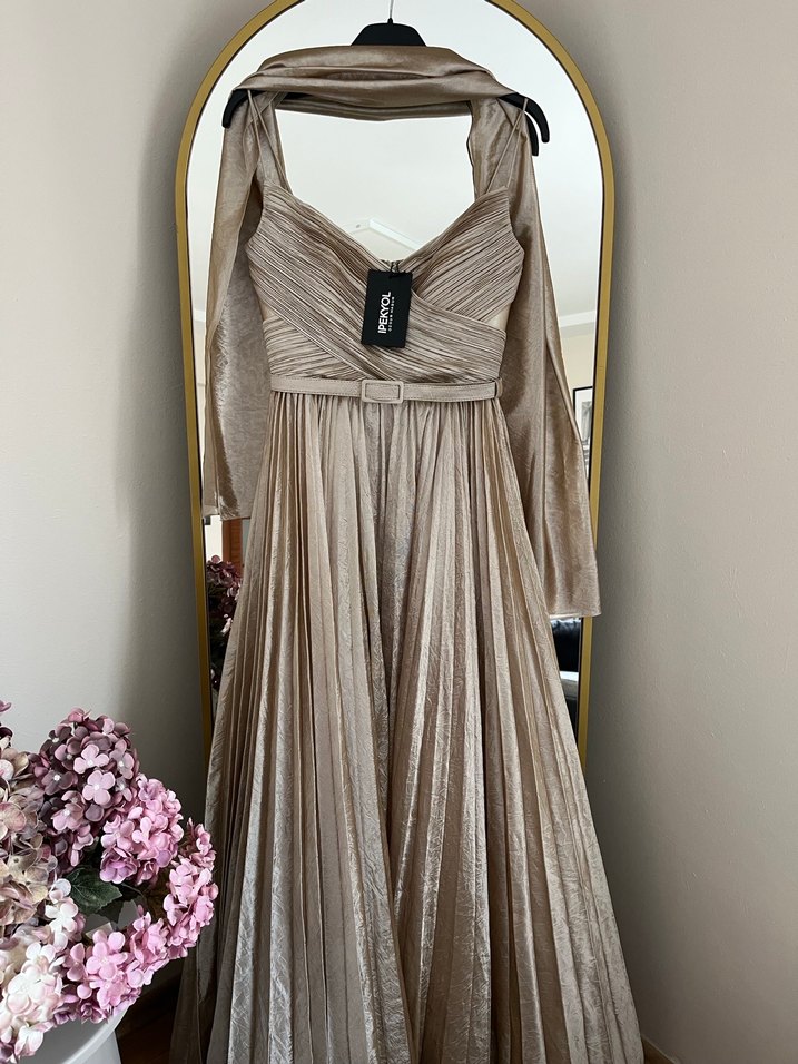 Bej Drapeli Uzun Abiye Elbise - Görsel 4