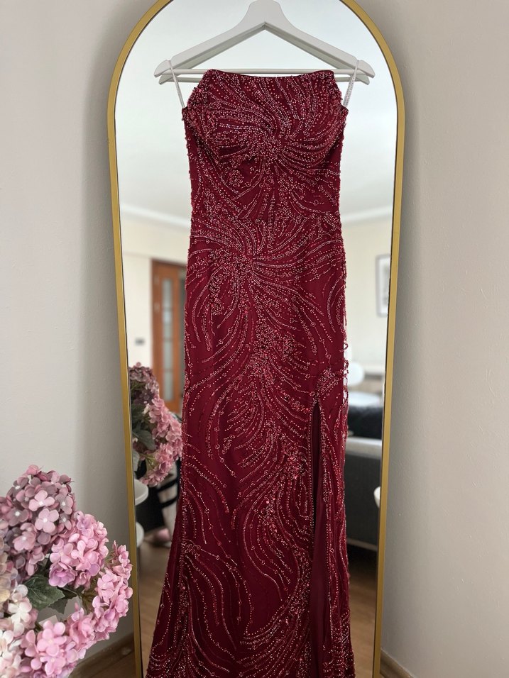 Bordo İşlemeli Uzun Straplez Abiye Elbise - Görsel 4