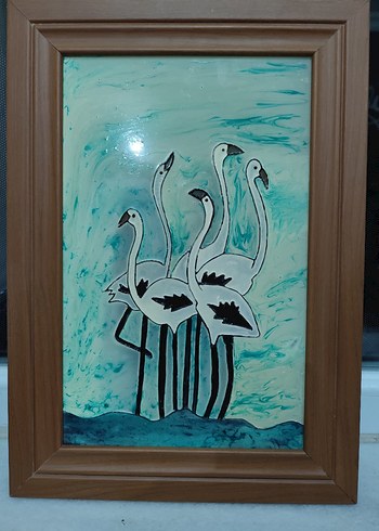 El Yapımı Cam Üzeri Flamingo Rölyef Tablo - Görsel 2