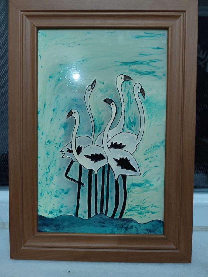 El Yapımı Cam Üzeri Flamingo Rölyef Tablo - Görsel 2