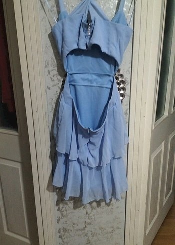 Mavi Mini Askılı Volanlı Bohem Elbise - Görsel 2