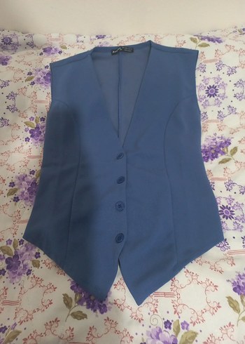 Mavi V Yaka Kemerli Kadın Yelek - Görsel 2