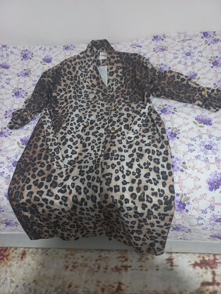 Kahverengi Leopar Desenli Uzun Kadın mevsimlik   trenç - Görsel 2