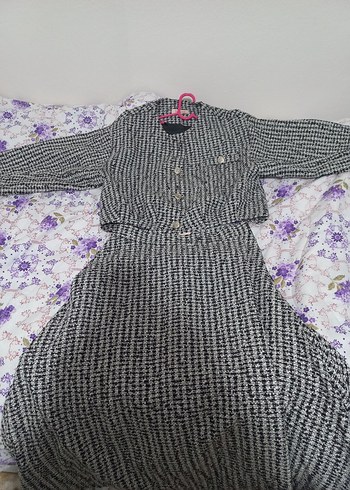 Düğmeli Gri Desenli etek ceket tüvit takim - Görsel 3