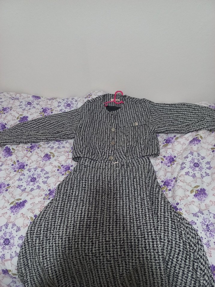 Düğmeli Gri Desenli etek ceket tüvit takim - Görsel 2