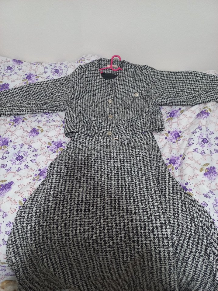 Düğmeli Gri Desenli etek ceket tüvit takim - Görsel 3