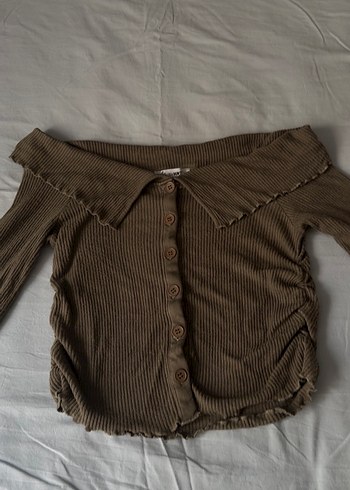 Düğmeli, Uzun Kollu Kahverengi Bohem Triko Kazak - Görsel 2