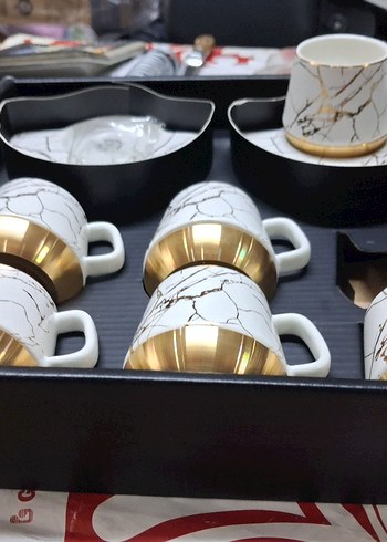 Mermer Desenli Beyaz Altın Renkli 6'lı Kahve Fincanı Seti - Görsel 3