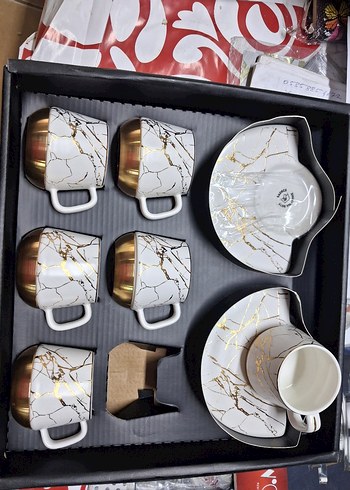 Mermer Desenli Beyaz Altın Renkli 6'lı Kahve Fincanı Seti - Görsel 2
