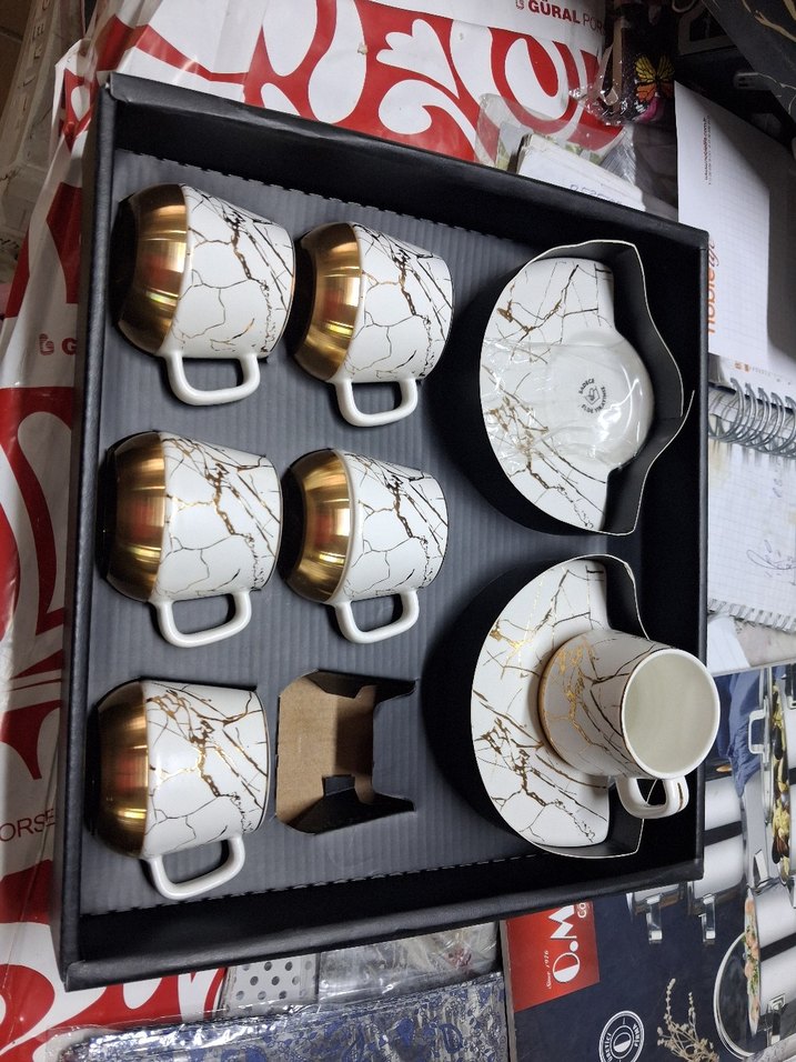 Beyaz Altın Detaylı Mermer Desenli Fincan Seti - Görsel 3