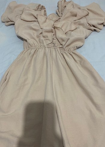 Bej Keten Midi Elbise, Fırfır Detaylı - Görsel 2