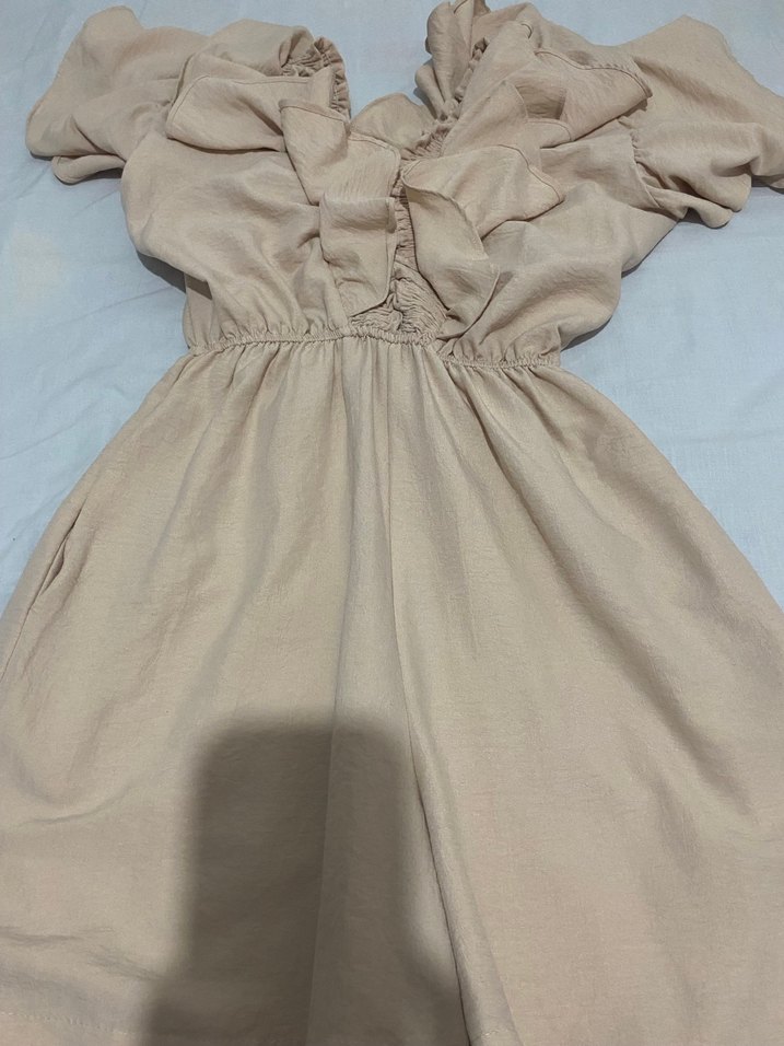 Bej Keten Midi Elbise, Fırfır Detaylı - Görsel 2