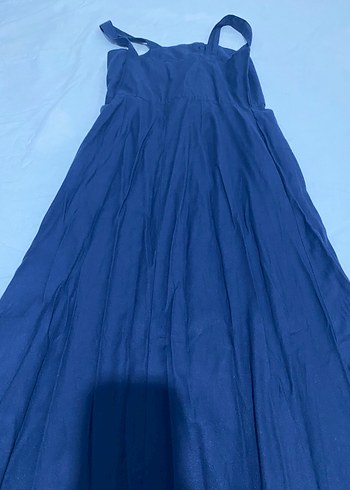 Düğmeli Mavi Keten Uzun Elbise - Görsel 2