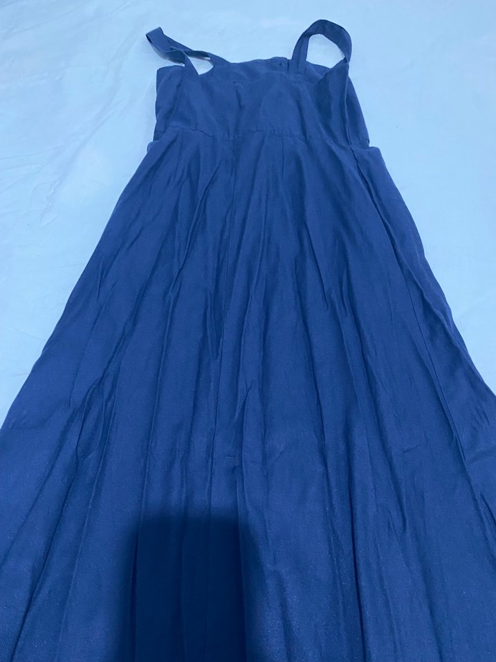 Düğmeli Mavi Keten Uzun Elbise - Görsel 2