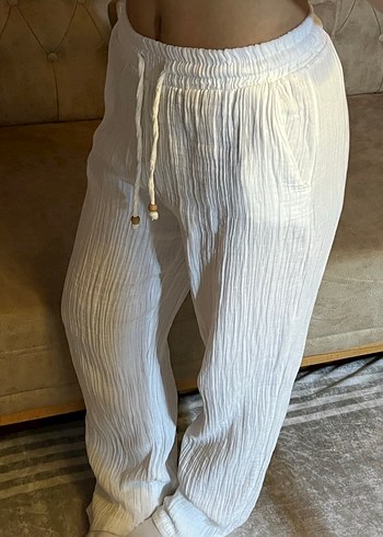 Beyaz Kadın Keten Rahat Kesim Pantolon - Görsel 4
