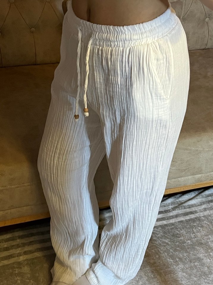 Beyaz Kadın Keten Rahat Kesim Pantolon - Görsel 4
