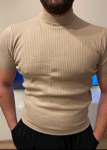 Bej Erkek Kısa Kollu Balıkçı Yaka Tişört - Görsel 2