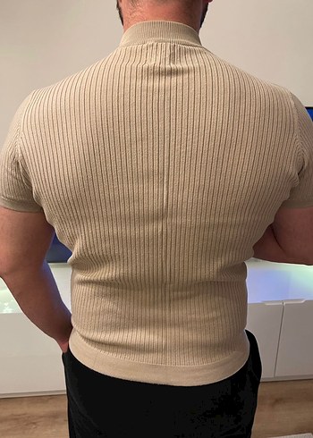 Bej Erkek Kısa Kollu Balıkçı Yaka Tişört - Görsel 3