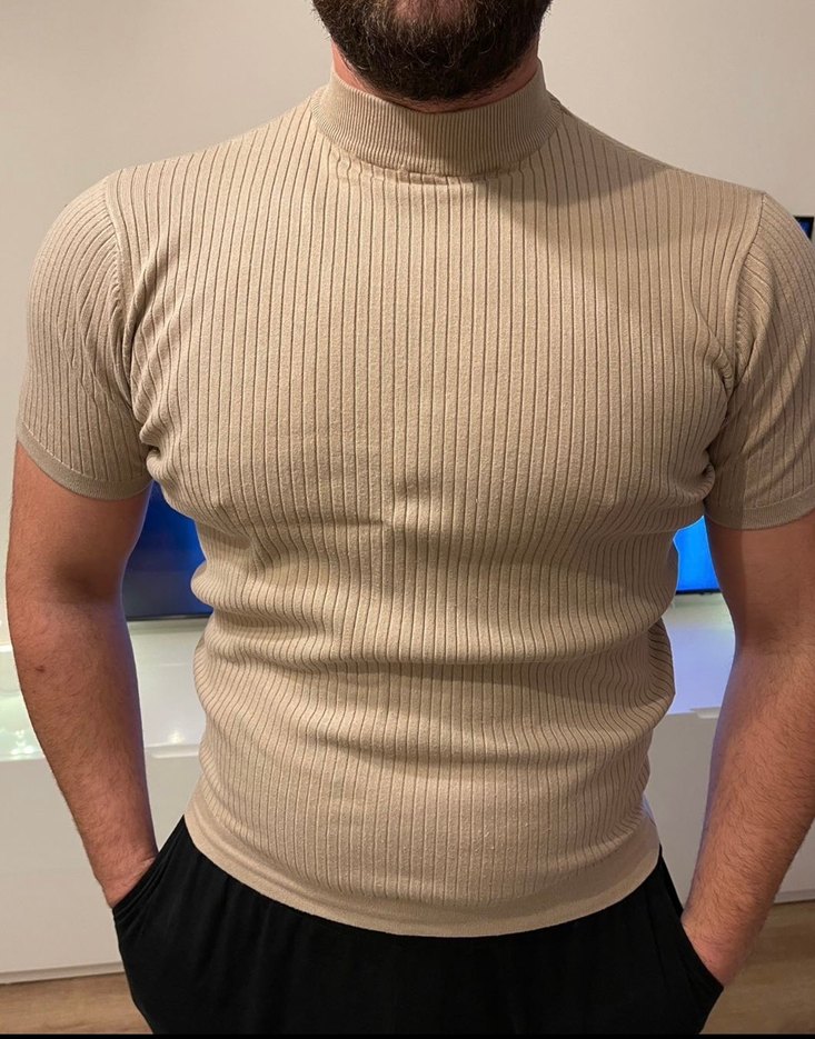 Bej Erkek Kısa Kollu Balıkçı Yaka Tişört - Görsel 2