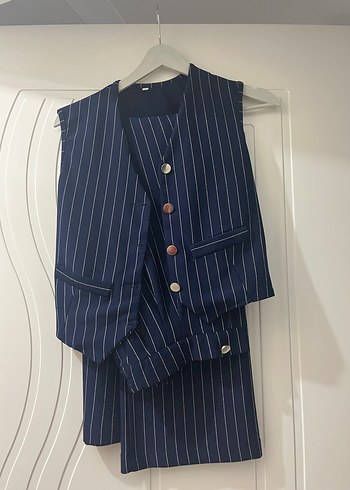 Lacivert Çizgili Uzun Kadın Takım Elbise - Görsel 2