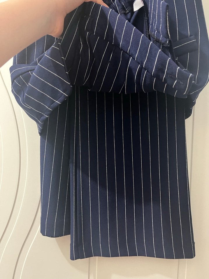 Lacivert Çizgili Uzun Kadın Takım Elbise - Görsel 3