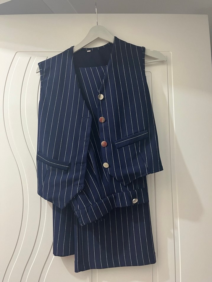 Lacivert Çizgili Uzun Kadın Takım Elbise - Görsel 2