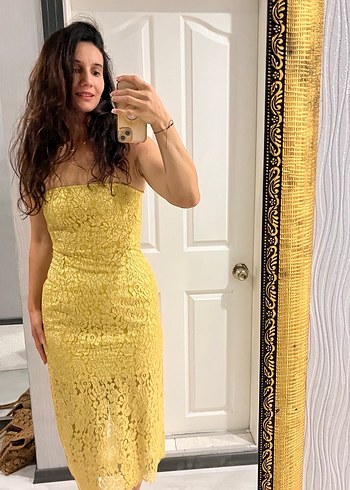 Sarı Dantel Straplez Midi Abiye Elbise - Görsel 2