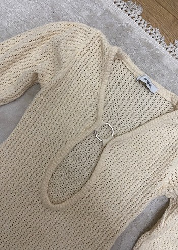 Bej V Yaka Uzun Kollu Triko yazlık mayo üstüne - Görsel 3