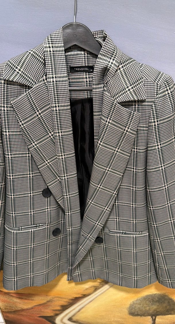 Gri Ekose Düğmeli Kadın Blazer - Görsel 2