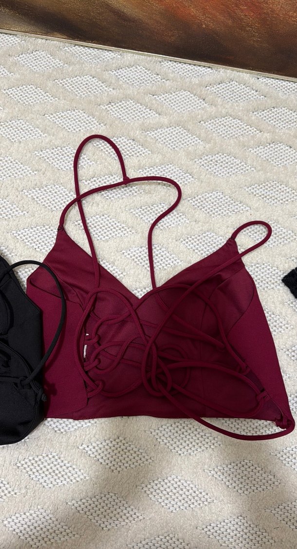 Bordo Strappy Dantelli Büstiyer - Görsel 5