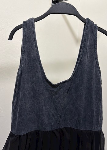 Siyah V Yaka Uzun Kolsuz Denim Elbise - Görsel 3