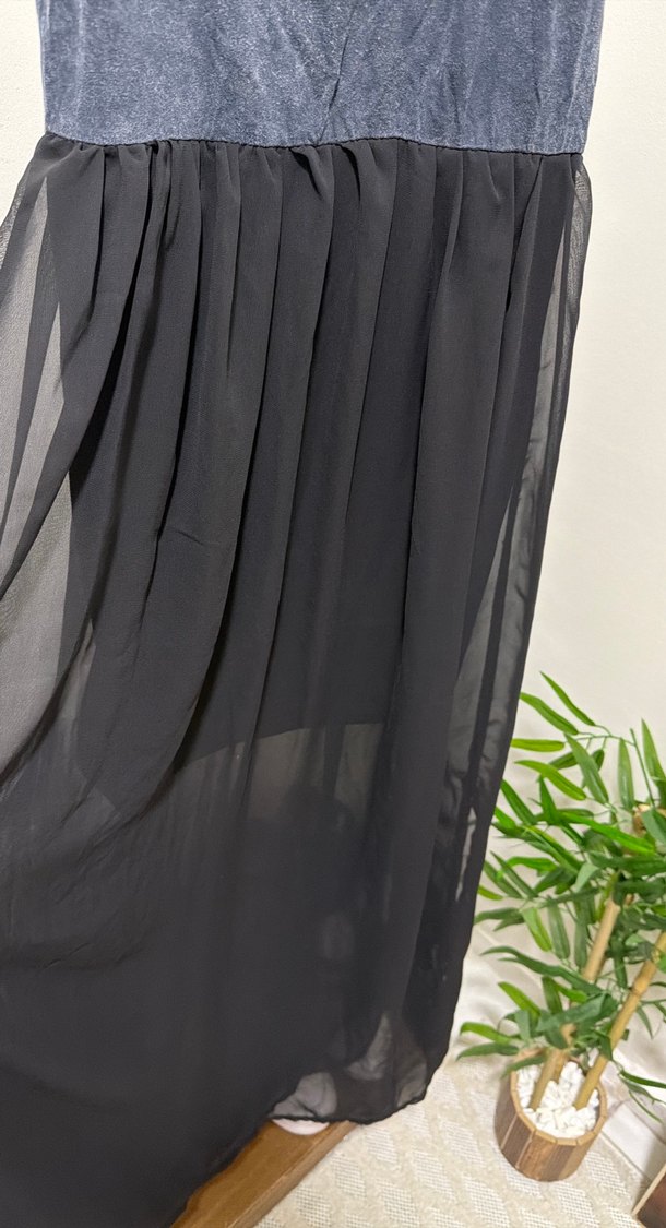 Siyah V Yaka Uzun Kolsuz Denim Elbise - Görsel 2