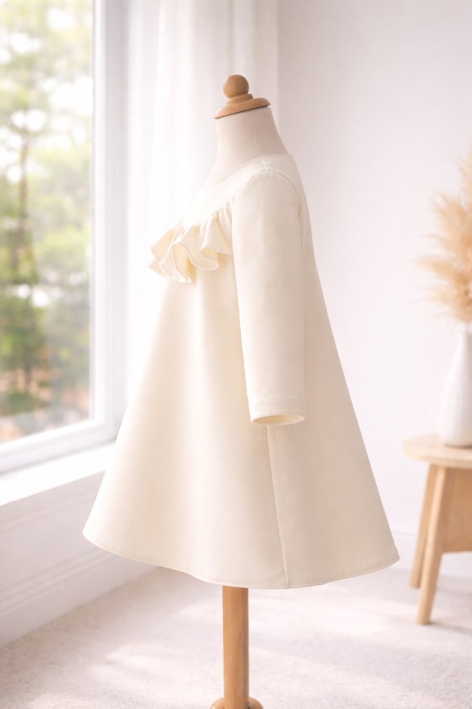 Krem Renkli Fırfırlı Kız Çocuk Elbise - Görsel 2