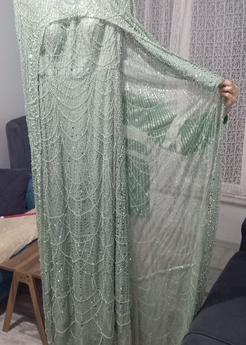 Yeşil İşlemeli Uzun Abiye Elbise - Görsel 3