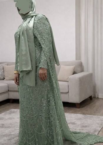 Yeşil İşlemeli Uzun Abiye Elbise - Görsel 2