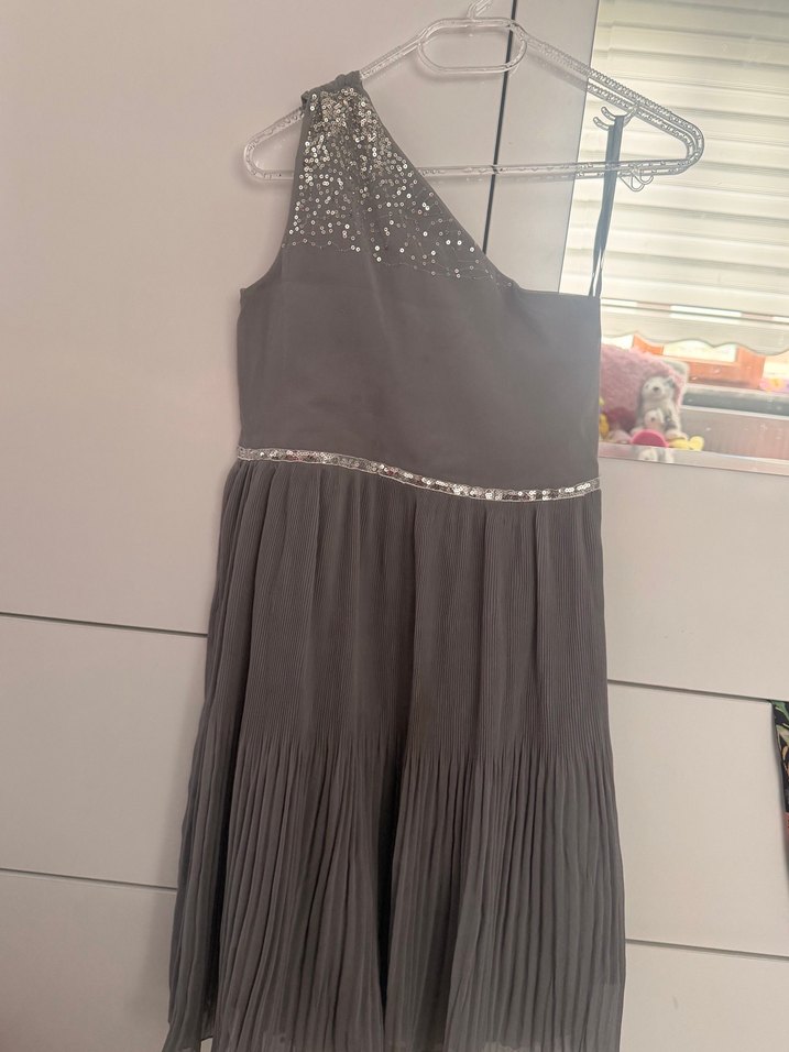 Gri Pilili Straplez Midi 10 yaş Abiye Elbise - Görsel 4