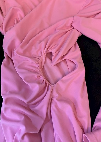 Pembe Drapeli Uzun Kollu Kadın Abiye Elbise - Görsel 2