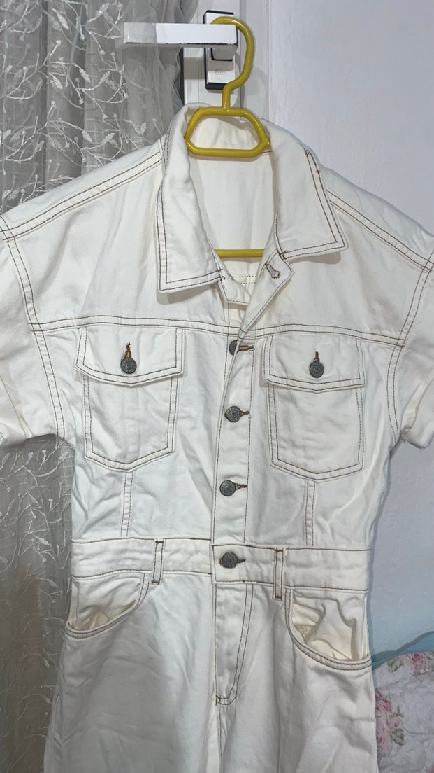 Kadın Beyaz Uzun DENİM TULUM - Görsel 2