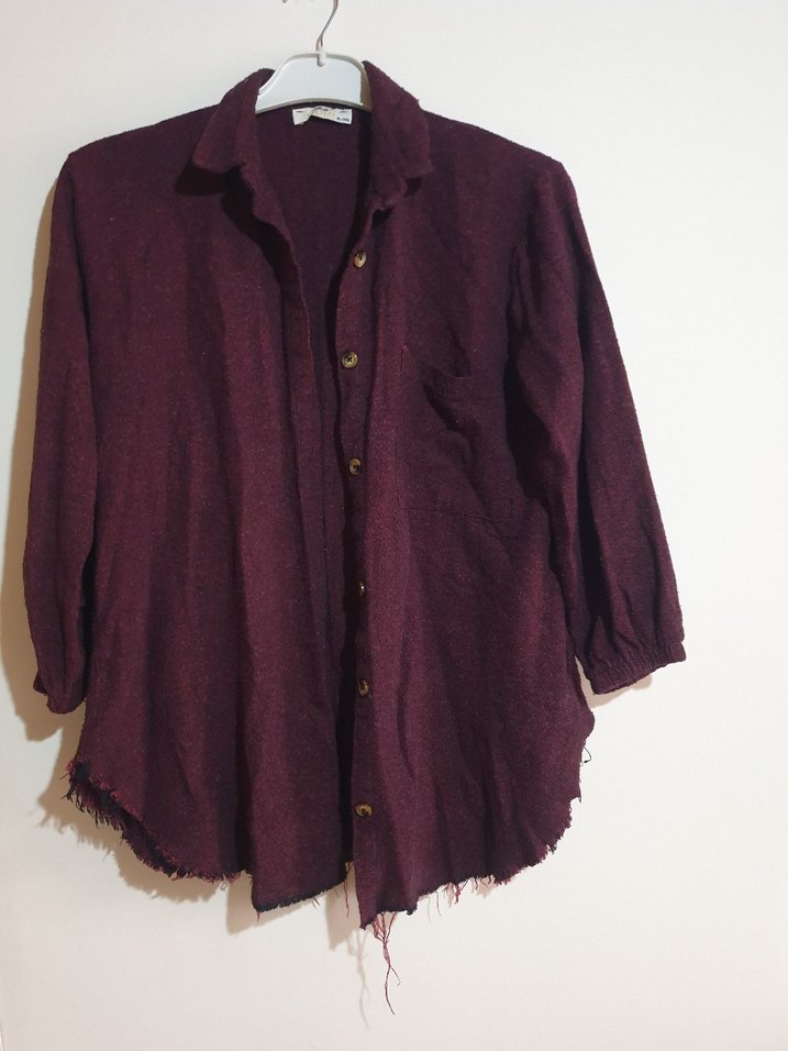 Bordo Çizgili Uzun Keten Elbise - Görsel 2