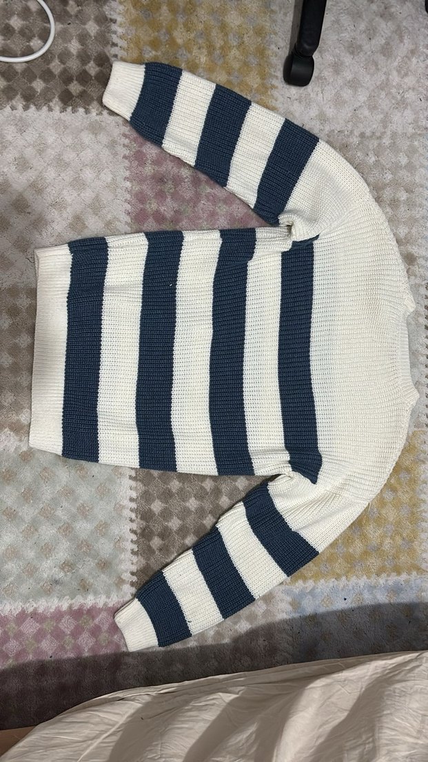 Çizgili Beyaz Gri Örgü erkek Kazak - Görsel 2