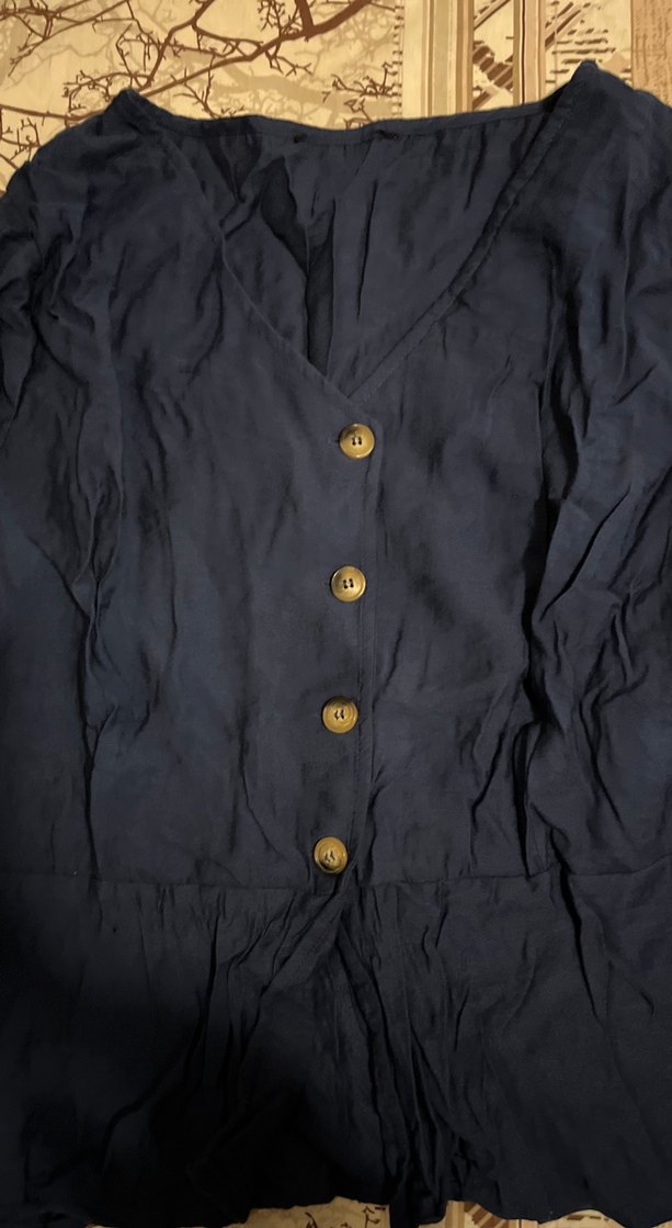 Geniş kesimli önü pileli Düğmeli Koyu lacivert Bluz - Görsel 2