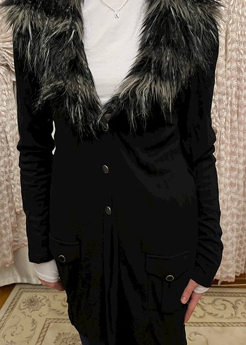 Gri Kürklü Yaka Detaylı Kadın Peluş Ceket - Görsel 4