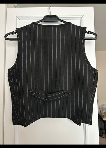 Düğmeli Siyah Çizgili Kadın Yelek - Görsel 4